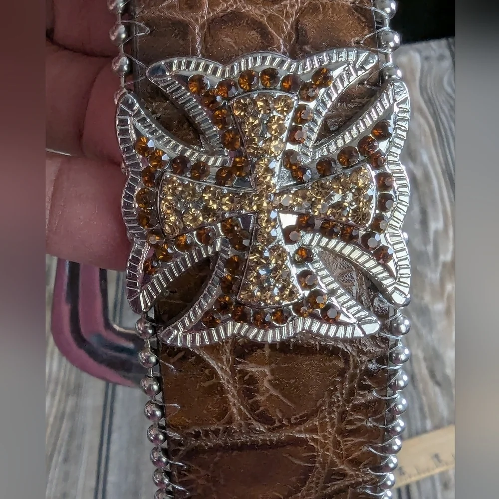 Moc-crocodile Leather Belt Amber Crystals And Crosses Excellent Condition